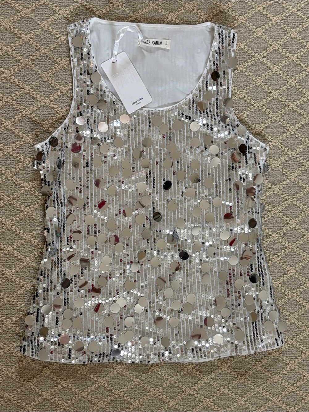 NAT Grace Karin Silver Sequin Tank Top with Mirror Discs